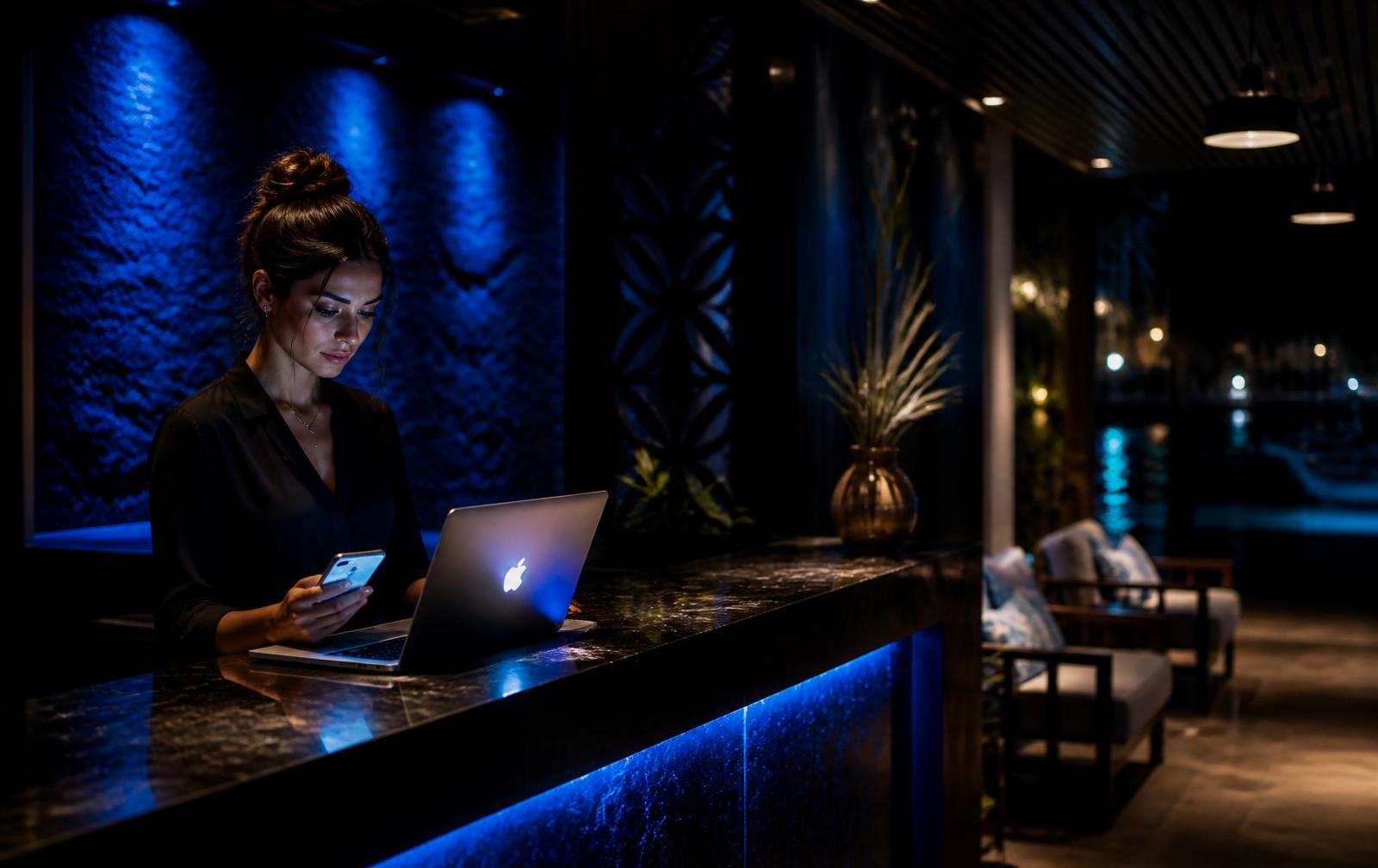 Recepção de hotel em Búzios operando à noite com atendimento digital